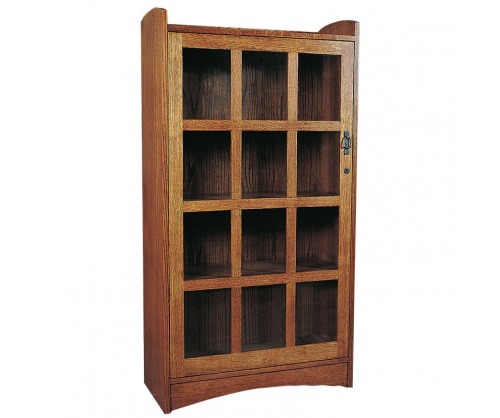 Blonde wooden display case with 12 nooks that can be used as drawers or just display shelves, glass doors with black hardware