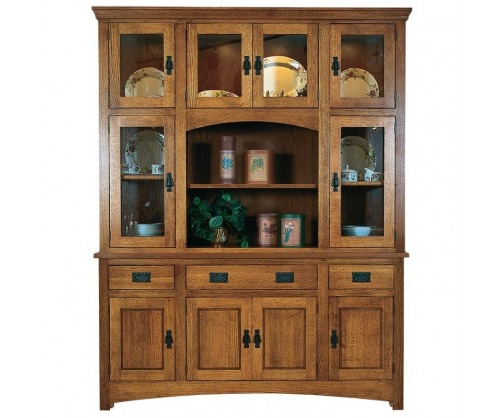 Six door china cabinet with glass doors on top and four wooden doors on bottom full of kitchen items