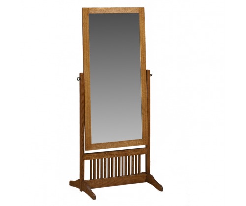 Tall mirror with thin spindle details on the bottom with a wooden rimmed mirror