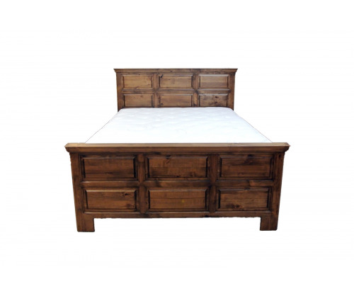 Wooden panel bed with a mattress